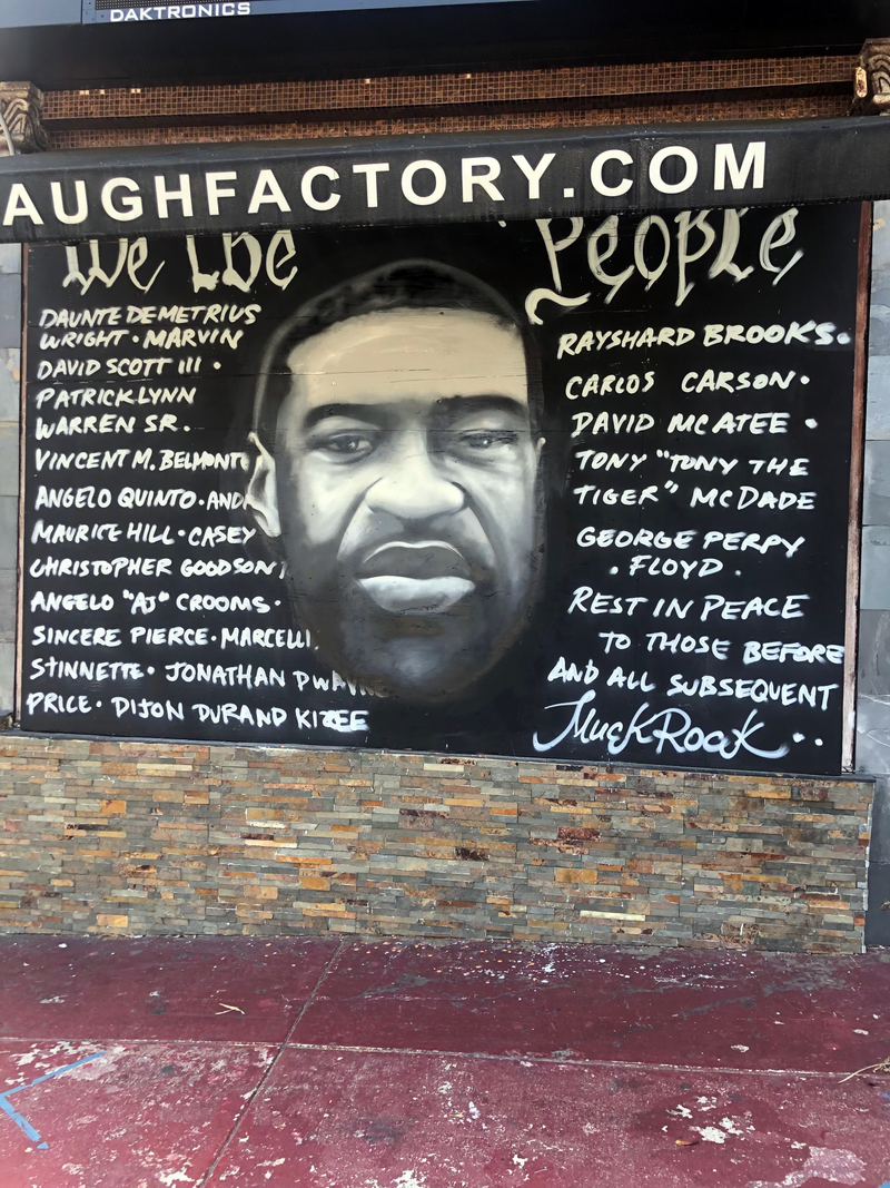 The Laugh Factory's mural featuring George Floyd before the vandalism.