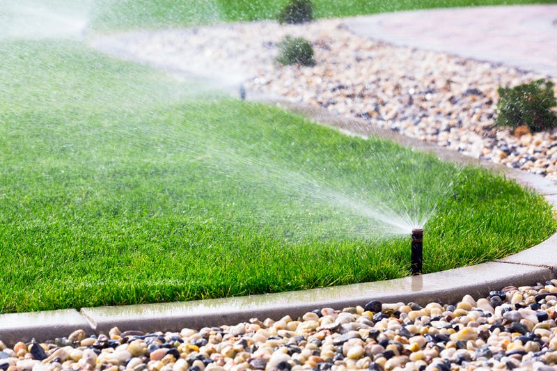 A sprinkler waters the grass