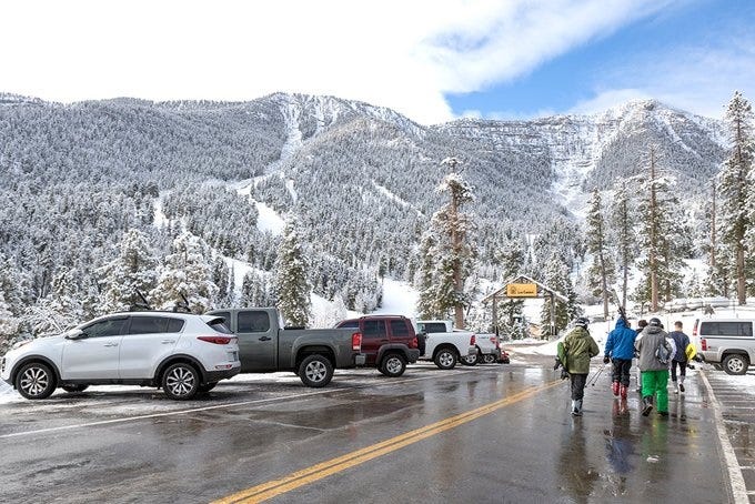Skiers approach the Lee Canyon Ski and Snowboard Resort