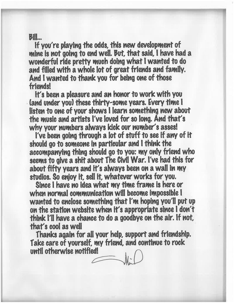 Letter Michael Stanley wrote to Bill Louis before his passing