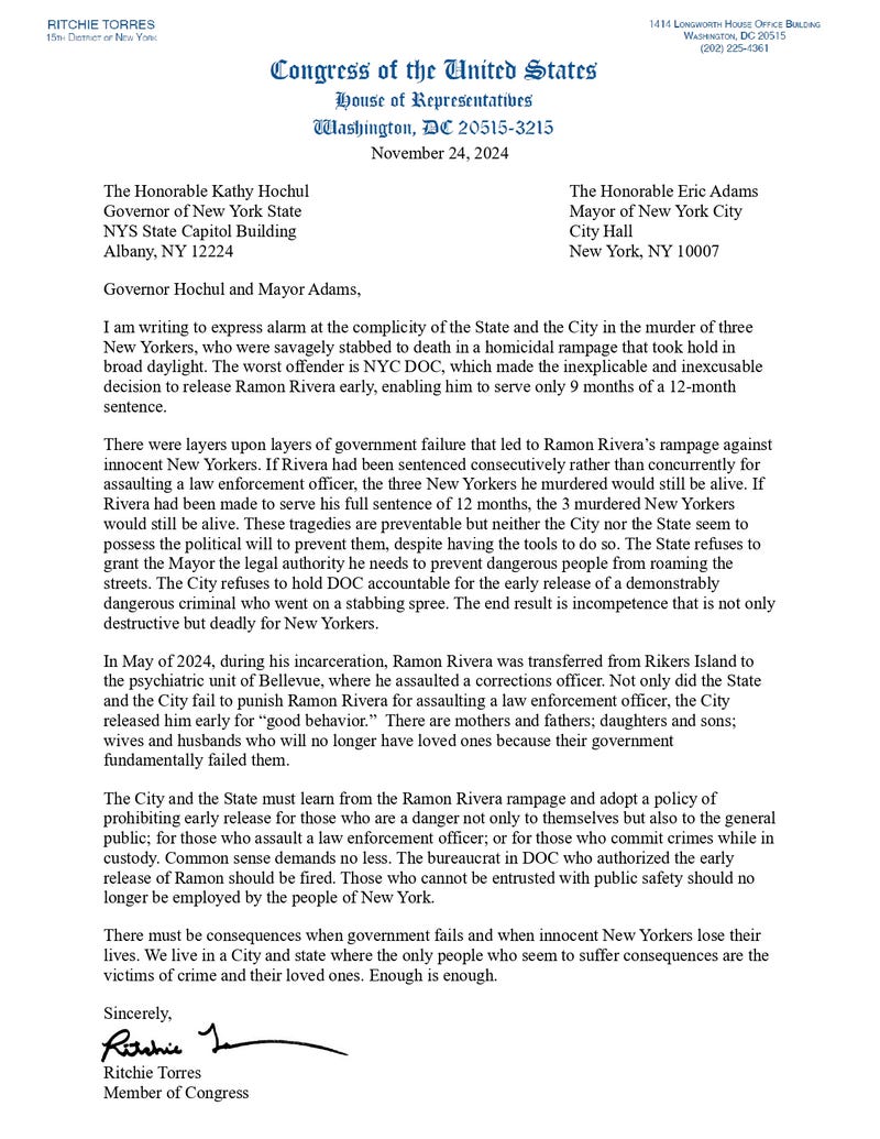 Torres sent this letter to Hochul and Adams on Monday
