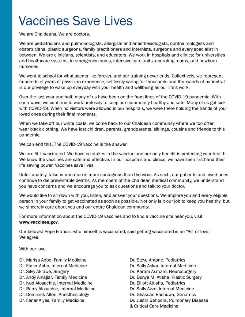 Open letter from Chaldean doctors in metro Detroit
