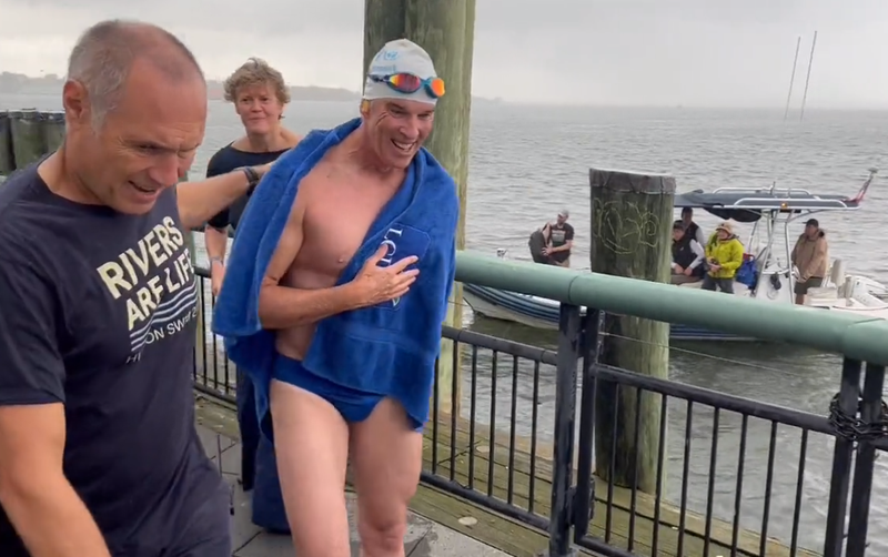 Lewis Pugh emerges from the water at Battery Park on Sept. 13, 2023