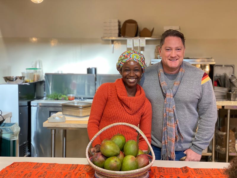 KCBS Radio's Foodie Chap, Liam Mayclem, and Chef Nafy Flatley of Teranga.