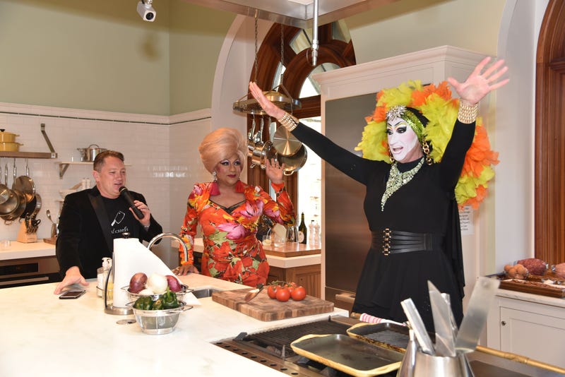 Liam Mayclem with Juanita More & Sister Roma at the Drag Queen Cook Off.