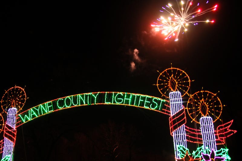 Wayne County Lightfest sign and fireworks
