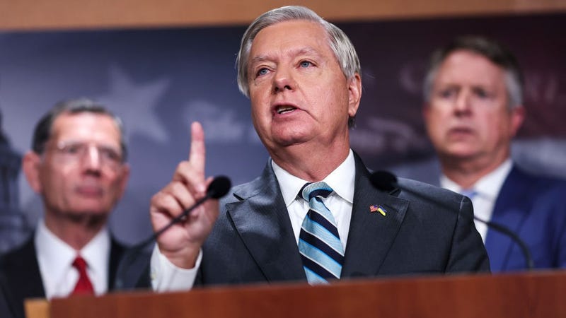 U.S. Sen. Lindsey Graham (R-SC), joined by Sen. John Barrasso (R-WY) (L) and Sen. Roger Marshall (R-KS), speaks a press conference at the U.S. Capitol on August 05, 2022 in Washington, DC. 
