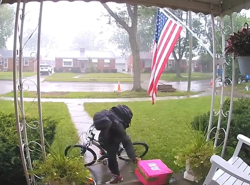 Suspect on bike stealing package from porch in Livonia