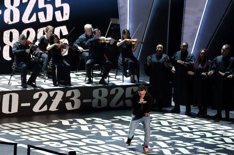 Logic performs on the 2017 'MTV Video Music Awards' at The Forum on August 27, 2017 in Los Angeles, California.