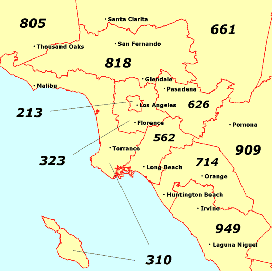 map of area codes in los angeles area