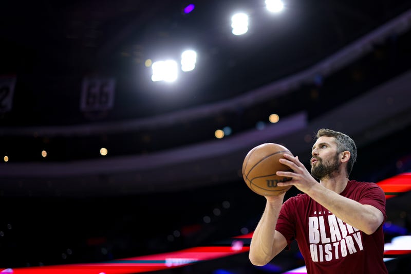 Feb 15, 2023; Philadelphia, Pennsylvania, USA; Cleveland Cavaliers forward Kevin Love before action against the Philadelphia 76ers at Wells Fargo Center.