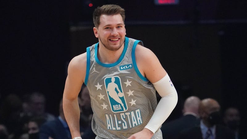 Feb 20, 2022; Cleveland, Ohio, USA; Team LeBron forward/guard Luka Doncic (77) reacts during the 2022 NBA All-Star Game at Rocket Mortgage FieldHouse.