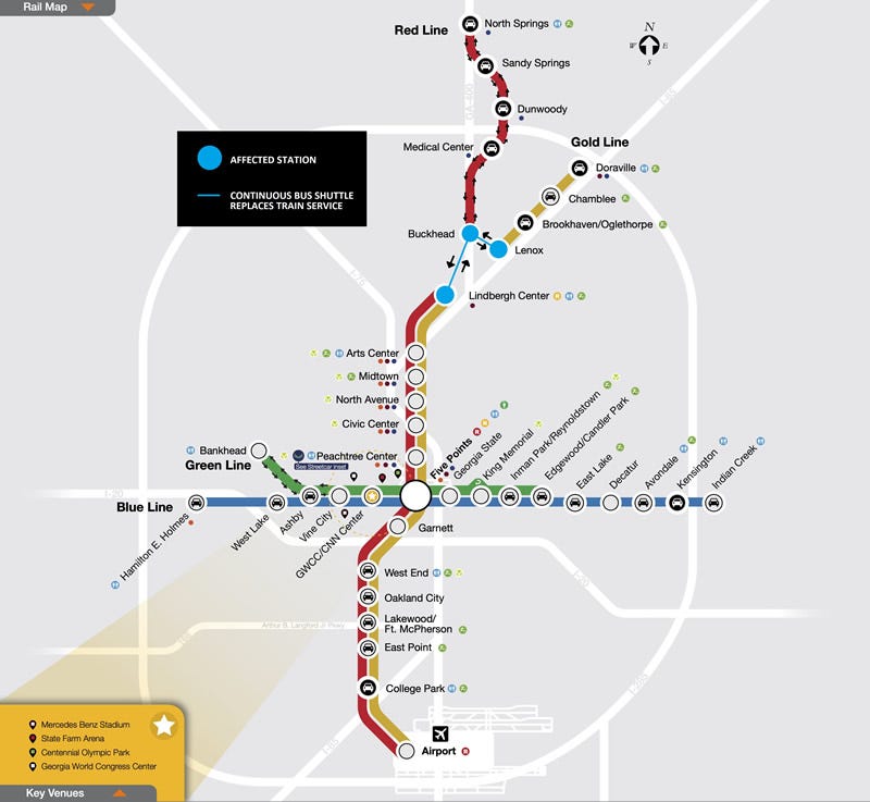 Buses are replacing trains on the Red and Gold MARTA lines Feb 16-21.