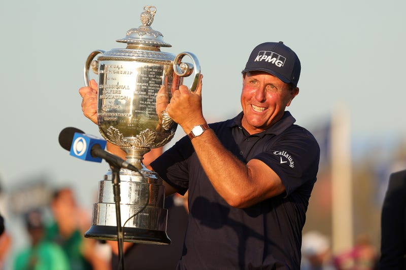 Phil Mickelson with the Wanamaker Trophy after winning the 2021 PGA Championship, 5/23/21
