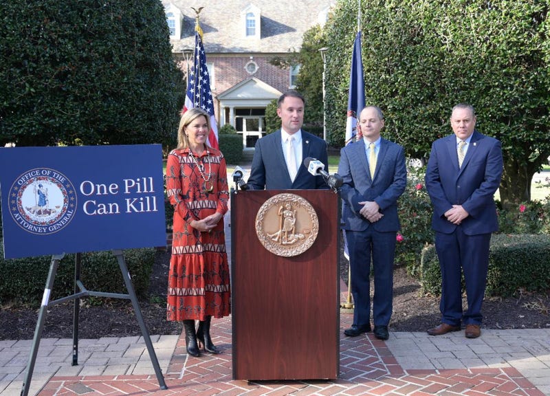 AG Jason Miyares speaking at One Pill Can Kill media event (First Lady Suzanne Youngkin to his right)
