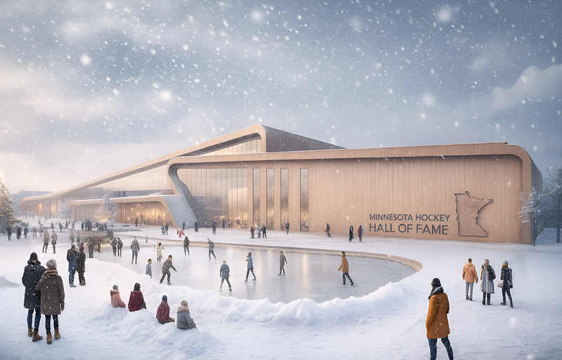 A rendering of the new "Minnesota Hockey Hall of Fame", slated to arrive in spring of 2028 at a yet-to-be-determined location.