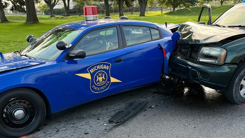 MSP patrol car hit by possible distracted driver on Mound Road