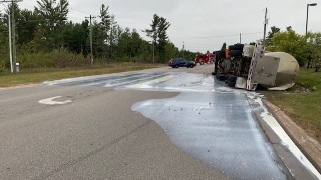 'Udder mess' on Northern Michigan road as milk truck overturns, spilling thousands of gallons on pavement