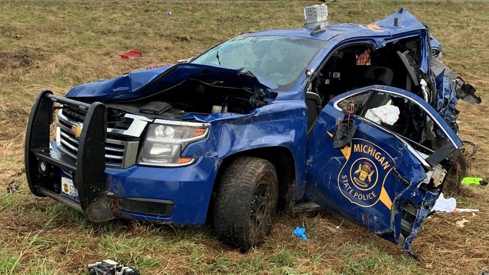 Michigan State Police trooper injured, SUV destroyed in crash with semi on I-94