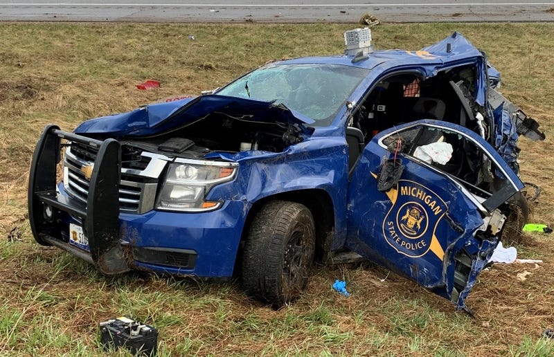 Michigan State Police car damaged in crash