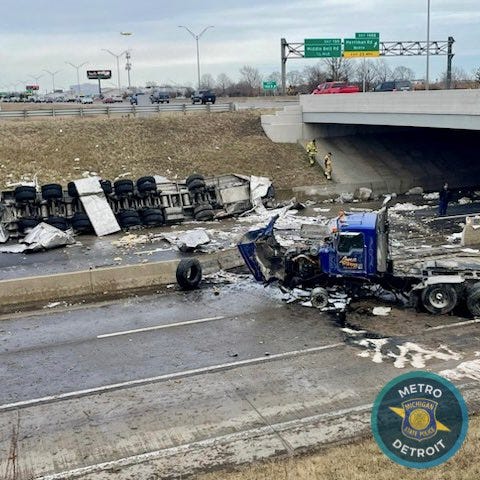 Wreckage after semi-truck crash on Merriman