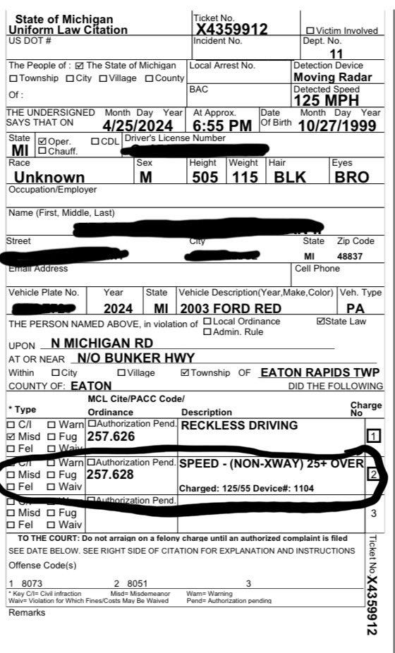 police report for speeding driver in Eaton County