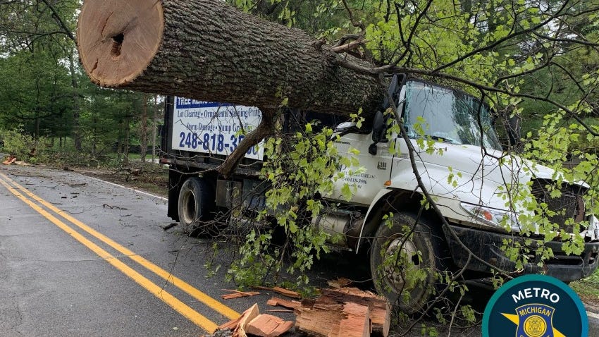 Large oak tree falls on tree removal truck in Oakland County