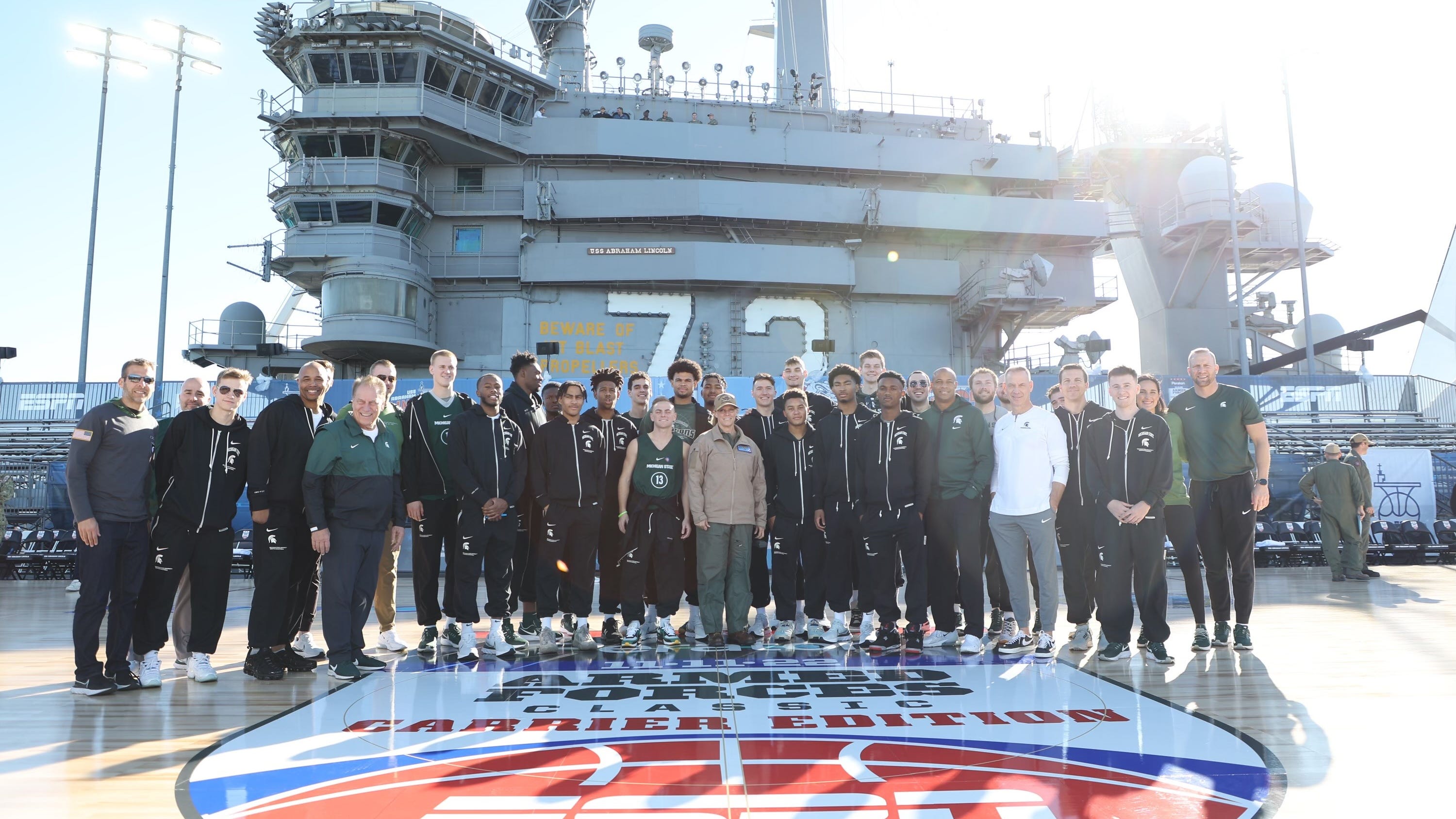All hands on deck: MSU men's basketball team tours USS Abraham Lincoln ahead of Armed Forces Classic [VIDEO]