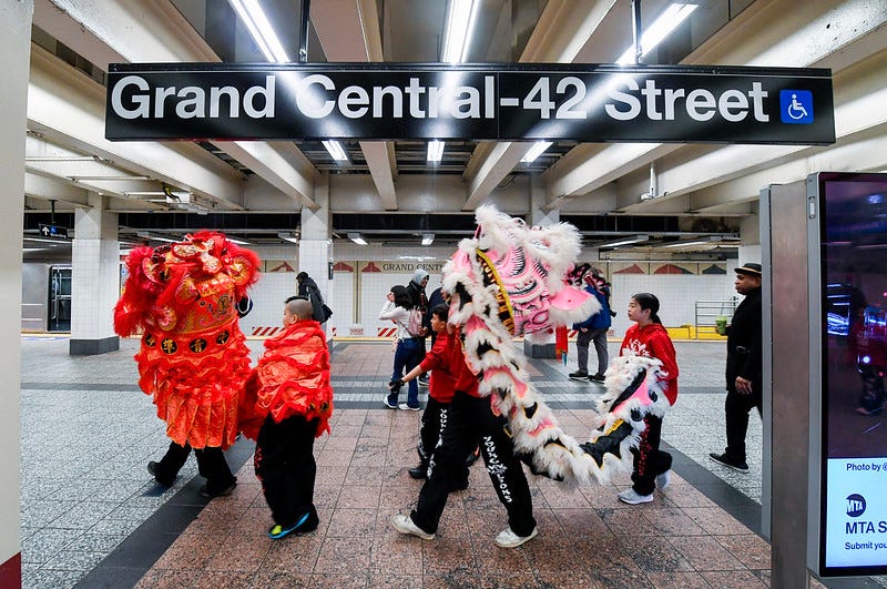Chinatown Community Young Lions perform in association with the MTA in honor of Lunar New Year on Sunday, Jan 28, 2024.