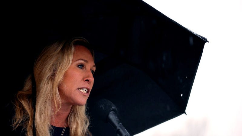 Rep. Marjorie Taylor Greene (R-GA) speaks a news conference in the rain outside of the U.S. Capitol on March 17, 2022 in Washington, DC. 
