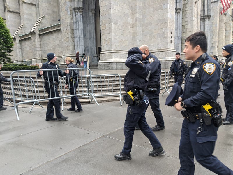 Police set up barricades ahead of Sunday mass at Basilica of St. Patrick’s Old Cathedral, though abortion rights protesters only demonstrated on Saturday at this particular church.