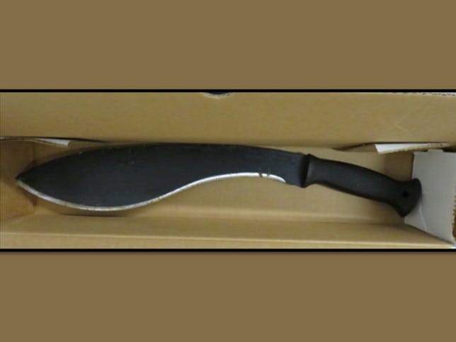 The machete-style knife—with a blade more than a foot long—that Trevor Bickford used to attack three NYPD officers on NYE 2022.