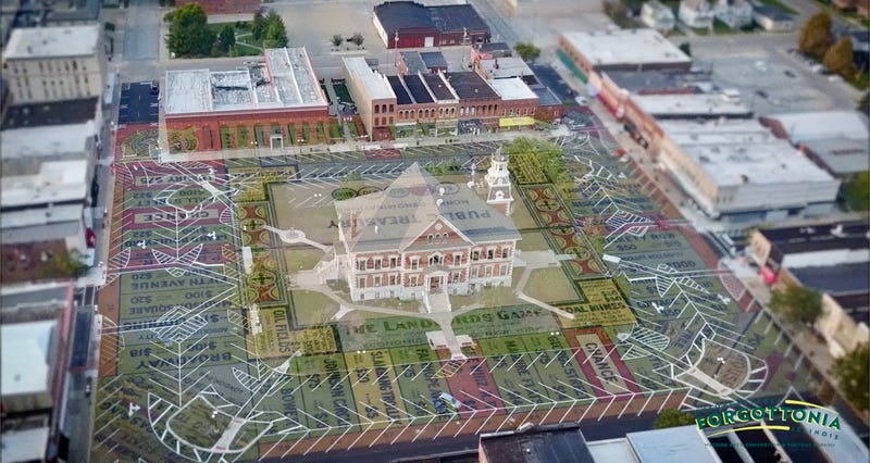 A rendering shows an Lizzie Magie's The Landlord's Game overlaid on Macomb's downtown square. The Landlord's Game was the precursor to Monopoly.