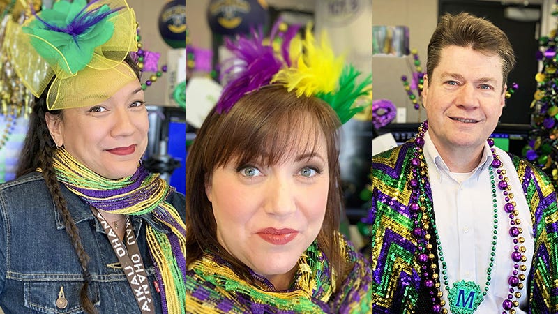 Magic 101.9's Linda, Annette and Steve in Mardi Gras attire