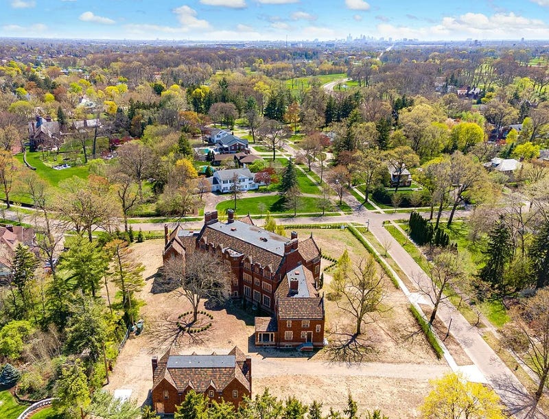 Aerial view of Bishop Mansion in Detroit's Palmer Woods neighborhood