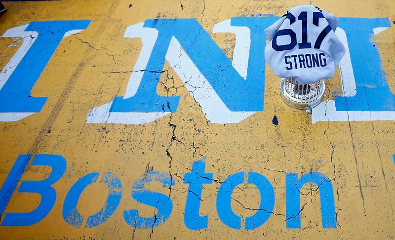 Red Sox World Series trophy on Boston Marathon finish line