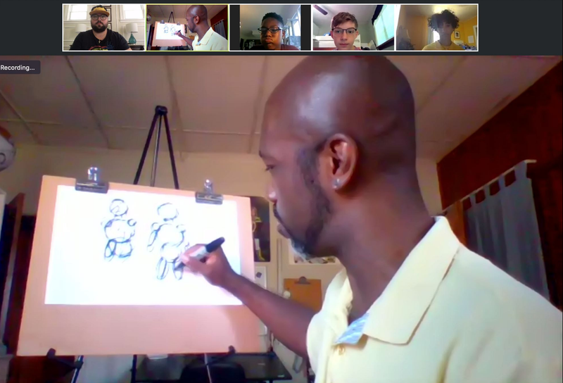 Professional artist Marcel Walker leads an after-school cartooning class