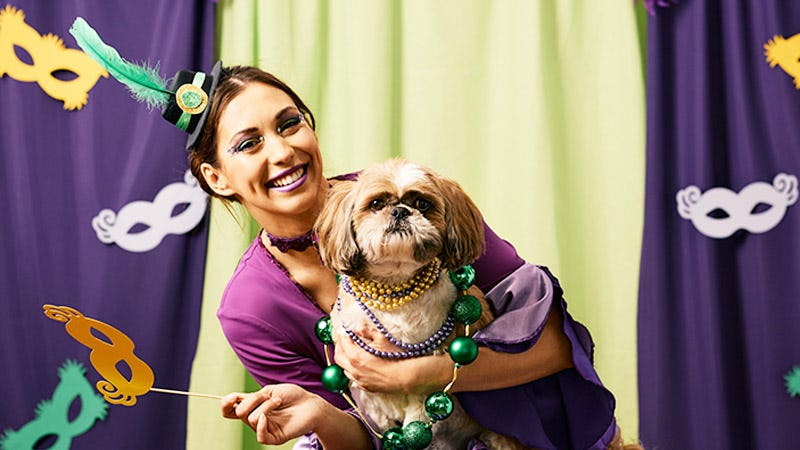 Mardi Gras photo props with dog and woman