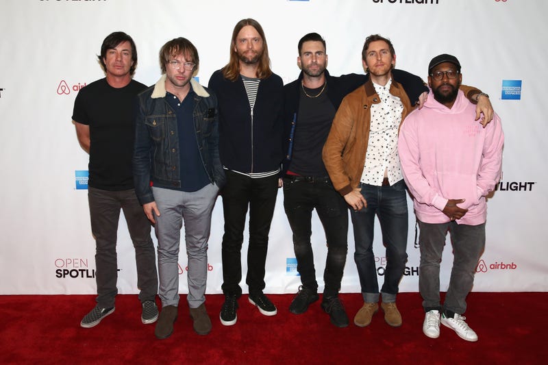 Members of Maroon 5 Matt Flynn, Mickey Madden, James Valentine, Adam Levine, Jesse Carmichael and PJ Morton during a meet and greet at Airbnb Open LA - Day 3 on November 19, 2016 in Los Angeles, California.
