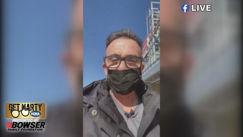 Marty streams live on Facebook as he enters vaccination clinic at Heinz Field.