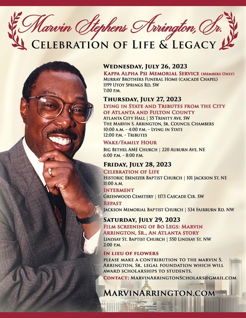 Marvin Arrington, Sr., Atlanta, Politics, Funeral