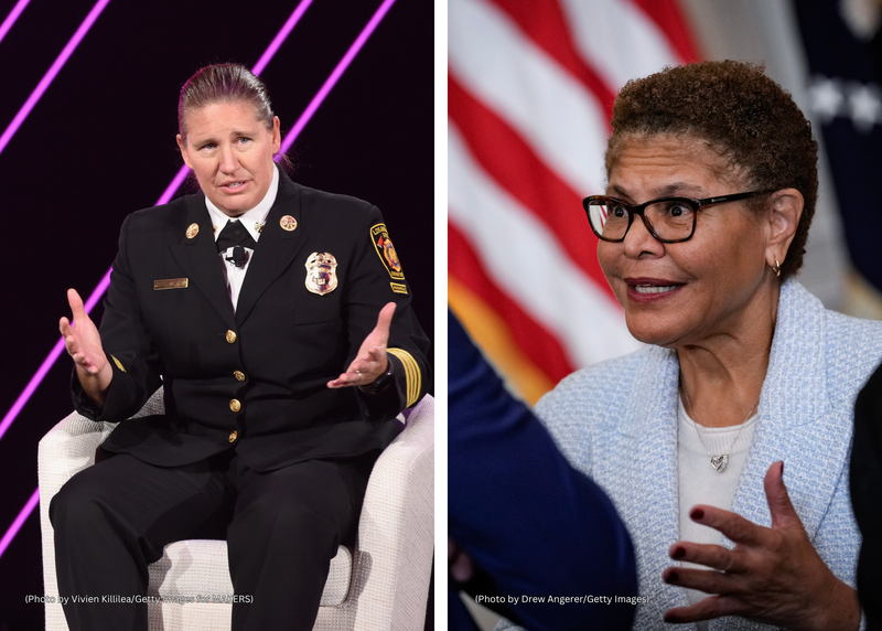 Former LAPD Chief Kristin Crowley (L), L.A. Mayor Karen Bass (R)