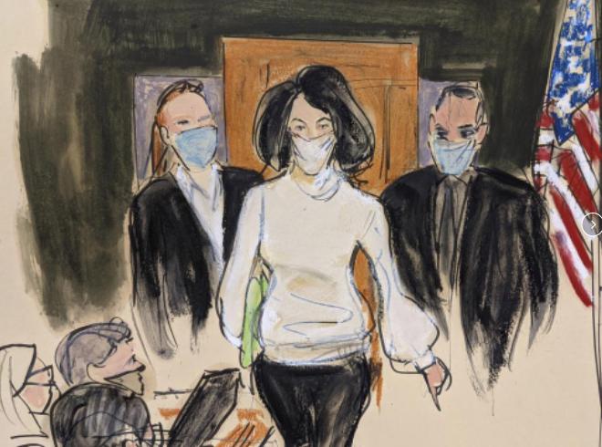 In this courtroom sketch, Ghislaine Maxwell enters the courtroom escorted by U.S. Marshalls at the start of her trial, Nov. 29, 2021, in New York. A judge has declined to throw out Maxwell’s sex trafficking conviction, despite a juror’s failure to disclose he’d been a victim of childhood sexual abuse. U.S. District Judge Alison J. Nathan on Friday, April 1, 2022, refused to order a new trial for Maxwell, who was convicted in December of helping the American millionaire Jeffrey Epstein abuse several teenage girls.