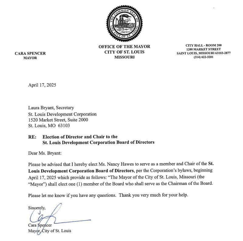 The letter from Mayor Spencer naming Nancy Hawes as SLDC Chair.