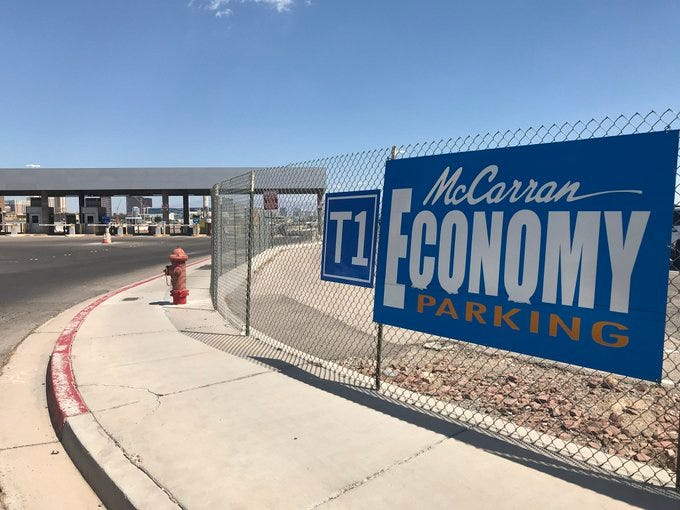 Outside of the entrance to McCarran Airport's Terminal 1 economy parking lot