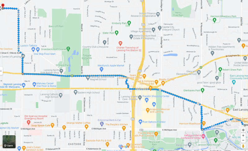 Estimated route Anthony McRae took after Michigan State University shooting