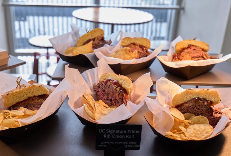 The United Center's new prime rib onion roll sandwich is on display during a media preview on Oct. 14, 2024.