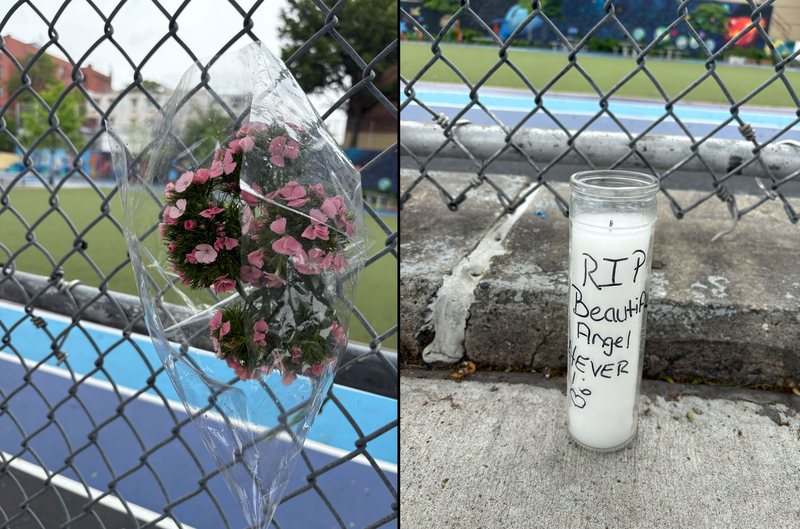 Flowers and candles were placed in the area of the schoolyard where the victim was shot