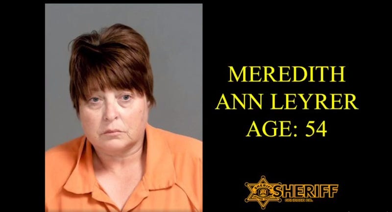 Booking photo of Meredith Ann Leyrer, including her name and "Age 54"
