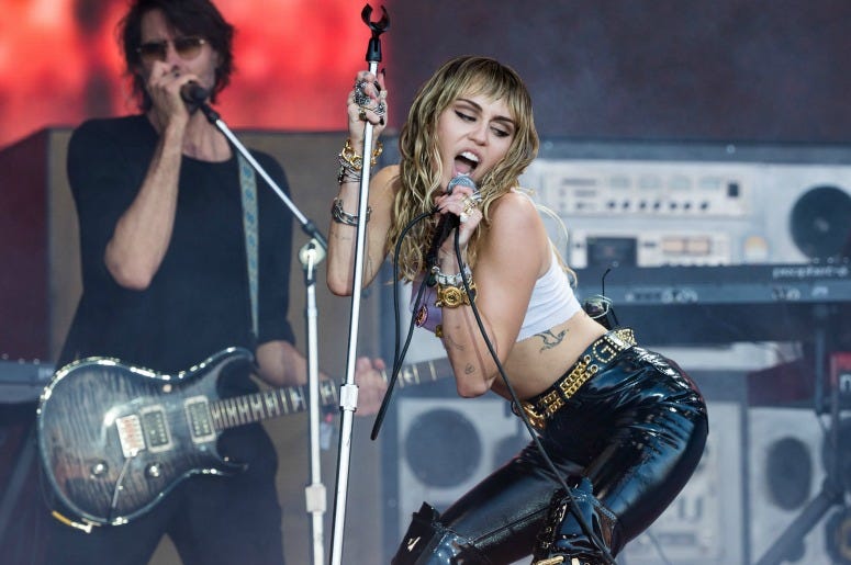 Miley Cyrus performs on the Pyramid stage on day five of Glastonbury Festival